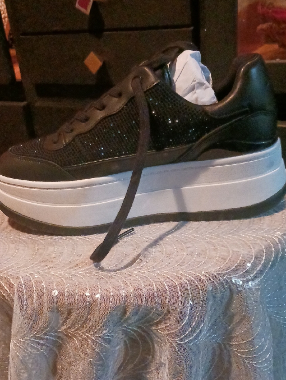 Michael Kors Black Glitter Wedge Platform Sneakers with White Sole